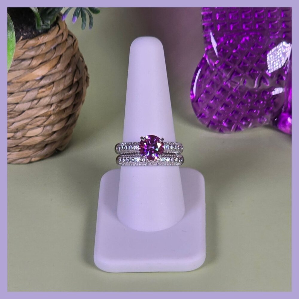 Pink 2 ct‎ Moissanite Silver with CZ Accents and Channel-Set Band Size 9